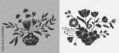 Hand drawn botanical folk art clipart set with floral elements illustrations. Floral arrangement clipart set, bouquets. Black and white isolated vector artwork.