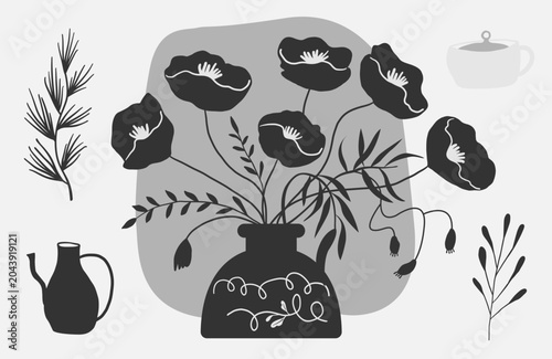 Hand drawn botanical folk art clipart set with floral elements illustrations. Floral arrangement clipart set, bouquets. Black and white isolated vector artwork.