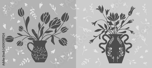 Hand drawn botanical folk art clipart set with floral elements illustrations. Floral arrangement clipart set, bouquets. Black and white isolated vector artwork.