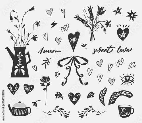 Hand drawn botanical folk art clipart set with floral elements illustrations. Floral arrangement clipart set, bouquets. Black and white isolated vector artwork.
