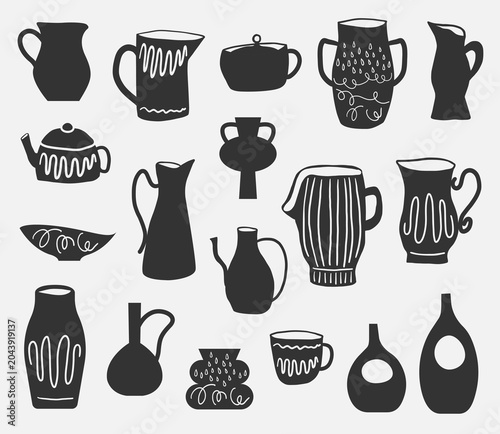 Modern Scandinavian Kitchen Illustration Set. Hand-Drawn Cups, and Pitchers in Minimal Flat Style. Isolated vector illustration.
