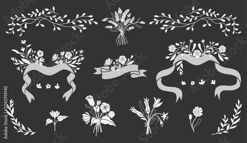 Elegant floral ribbon banner set with botanical decorative elements vector illustration. Botanical frame design. Modern minimal flat style. Isolated vector design.
