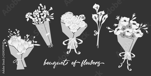 Hand drawn botanical folk art clipart set with floral elements illustrations. Floral arrangement clipart set, bouquets. Black and white isolated vector artwork.