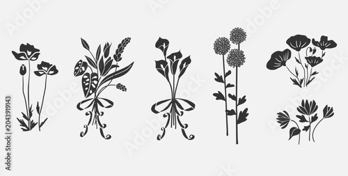 Hand drawn botanical folk art clipart set with floral elements illustrations. Floral arrangement clipart set, bouquets. Black and white isolated vector artwork.