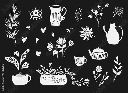 Hand drawn botanical folk art clipart set with floral elements illustrations. Floral arrangement clipart set, bouquets. Black and white isolated vector artwork.