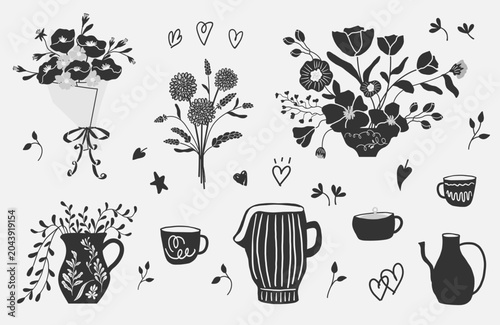 Hand drawn botanical folk art clipart set with floral elements illustrations. Floral arrangement clipart set, bouquets. Black and white isolated vector artwork.