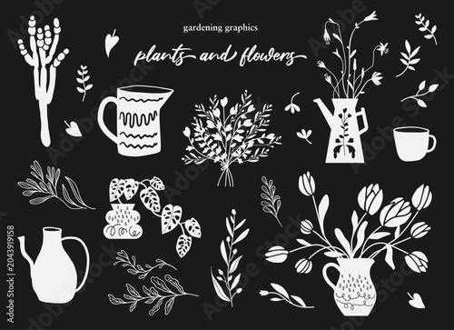 Hand drawn botanical folk art clipart set with floral elements illustrations. Floral arrangement clipart set, bouquets. Black and white isolated vector artwork.