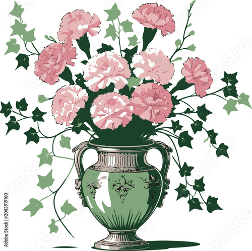 Carnation and Ivy Decorative Vase Sticker Vector 2