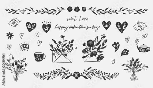 Hand drawn botanical folk art clipart set with floral elements illustrations. Floral arrangement clipart set, bouquets. Black and white isolated vector artwork.