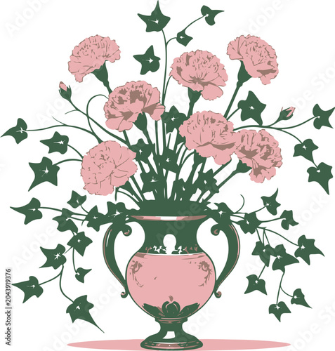 Carnation and Ivy Decorative Vase Sticker Vector