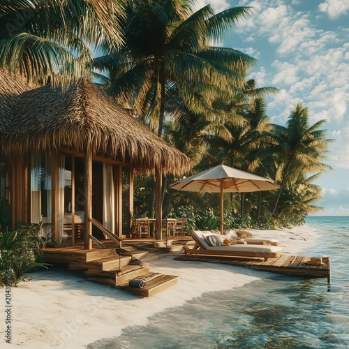 Luxury tropical beach villa with thatched roof and private deck overlooking crystal clear ocean waters at sunset tropical vacation paradise