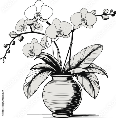 Orchid Tropical Floral Vase Sticker Outline Design 1