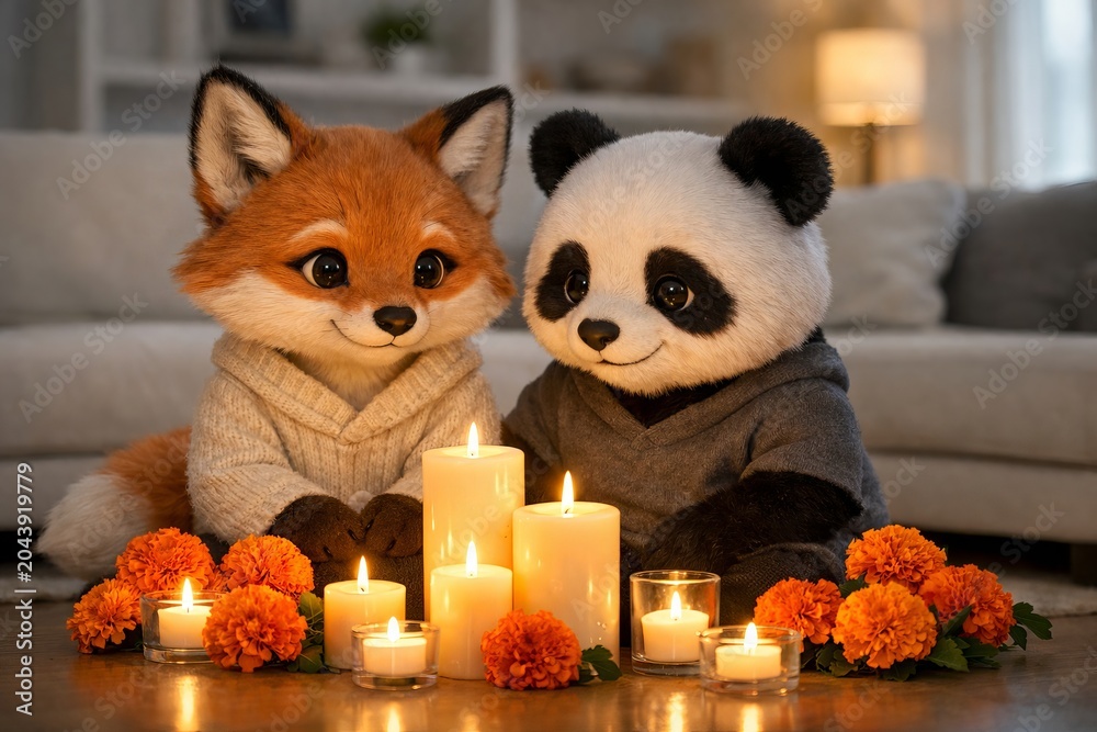 Naklejka premium Adorable fox and panda plush toys with candles and marigold flowers during day of the dead celebration in cozy setting. concept of cultural traditions, festive decor, friendly gathering.