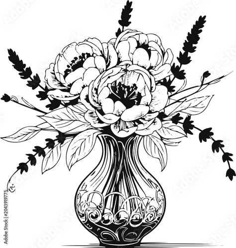 Peony and Lavender Vase Sticker Bold Line Art 2