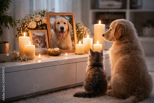 Cat and dog memorial with candles and photos honoring beloved pets in cozy setting. concept of pet loss, emotional healing, pet memorial ceremony, cherished memories.