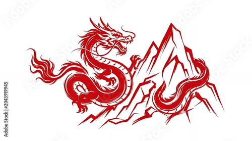 Stylized red dragon wrapped around mountain peak graphic illustration.