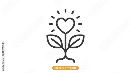 A minimal black line art vector icon depicting a blooming heart flower with radiating sunburst rays as a symbol for love and growth in design projects