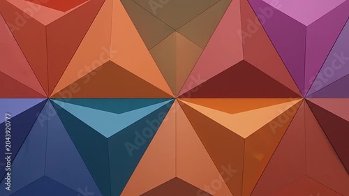 A vibrant wall featuring a repeating pattern of colorful three dimensional triangles
