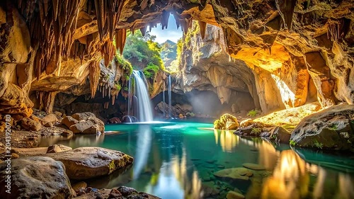 A beautiful waterfall flows into a hidden pool inside a natural limestone cavern