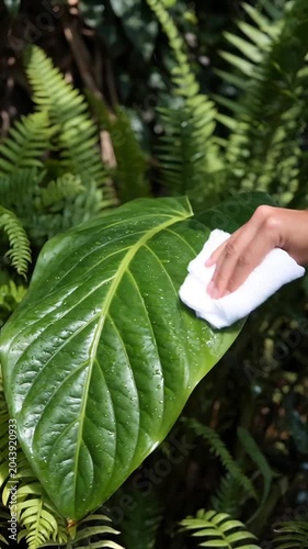 Hands cleaning a large green tropical leaf with a white wet cloth in a lush garden