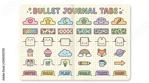 Cute Bullet Journal Tabs & Stickers: Planner, Diary, Notebook - Kawaii Style