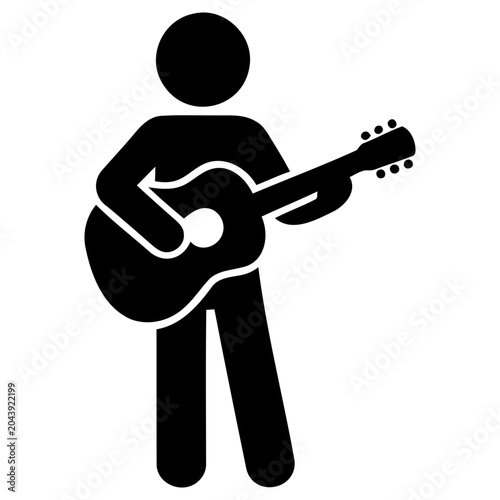 Simple black vector graphic showing a stylized human figure playing an acoustic guitar for a professional music performance and creative arts entertainment design