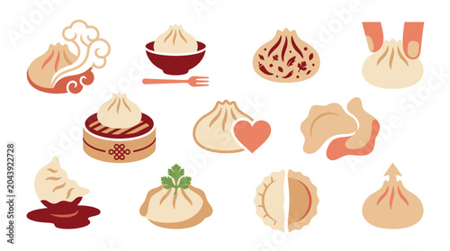 Schilderij op canvas Collection of delicious dumplings and dim sum icons, representing various Asian food dishes