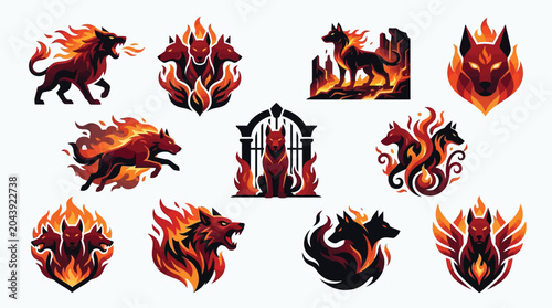 Bild auf Leinwand Collection of Fiery Mythological Creatures and Symbols, Featuring Cerberus and Other Hellhounds