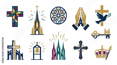 Foto Collection of Christian religious symbols and icons, including crosses, churches, praying hands, and a dove