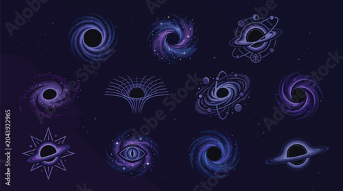 Photos Collection of stylized black holes and cosmic phenomena in deep space with stars and nebulae