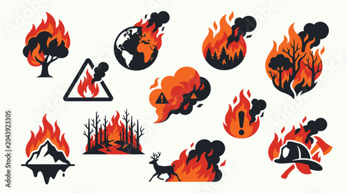 Cuadro en lienzo Collection of Icons Representing Wildfires and Environmental Disasters
