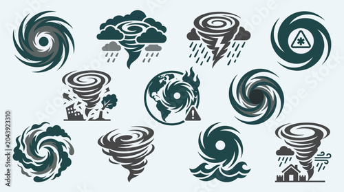 Foto Collection of stylized icons representing hurricanes, tornadoes, and severe weather phenomena
