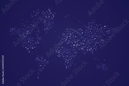 Abstract world map made of glowing purple and blue digital dots. Global connectivity and information technology infrastructure concept. Digital planet chart. Flat vector illustration EPS 10