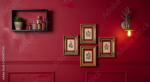 Elegant Red Wall Decorated with Botanical Frames Shelf and Vintage Light