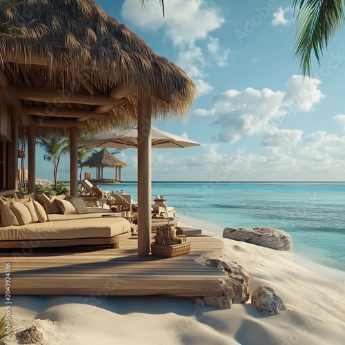 Wooden deck of a luxury beach hut overlooking the turquoise sea with vacation tropical turquoise paradise landscape sunshine destination