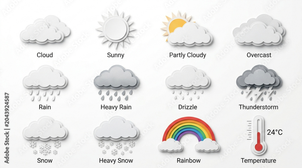 Fototapeta premium Collection of paper cut weather icons for forecasting and climate presentation