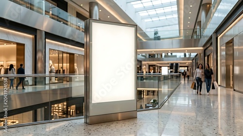 A brightly lit, modern shopping mall interior with a prominent blank advertising display in the foreground.