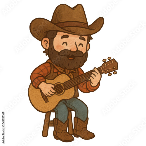 Charming Cowboy Musician: A cute, illustrated cowboy with a beard, wearing a cowboy hat and boots, sits on a stool, strumming an acoustic guitar with a joyful expression.