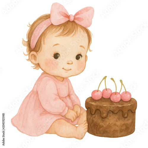 Cute Baby Girl with Birthday Cake: A delightful baby girl, adorned with a pink bow and dress, sits beside a chocolate birthday cake topped with cherries, radiating innocence and joy.