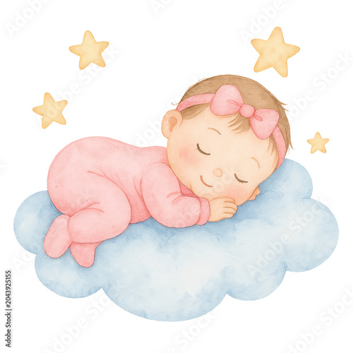Sweet Slumber: A tender watercolor illustration depicts a peaceful baby girl with a pink bow sleeping soundly on a fluffy cloud, surrounded by gentle stars.