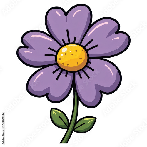 Purple Flower Illustration: A charming cartoon illustration of a single purple flower with a yellow center and green stem, perfect for adding a touch of nature and whimsy to your designs.