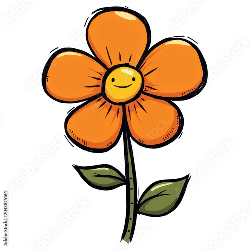 Smiling Orange Flower Illustration: A cheerful orange flower with a smiling face and simple green leaves, rendered in a playful, cartoonish style.