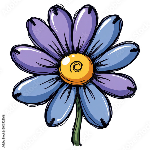 A whimsical purple daisy with a yellow center, illustrated with a sketchy style and vibrant colors, sits elegantly on a green stem.