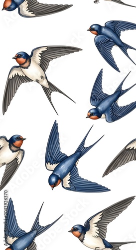 Illustrated Blue Swallow Birds Flying on Clean White Background