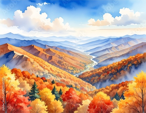 Watercolor Aerial View of Autumn Mountain Range with Fall Foliage — Majestic Scenic Landscape Wallpaper