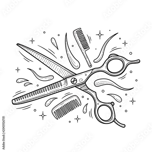 Black Line Hairdressing Scissors and Combs Floating on White Background