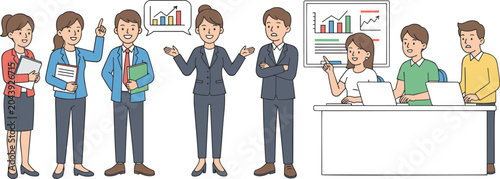 Vector illustration of professional business team analyzing financial data charts and graphs during strategic meeting in modern office setting.