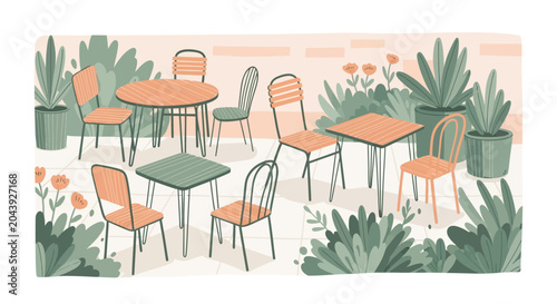 Outdoor Cafe Patio with Tables and Chairs