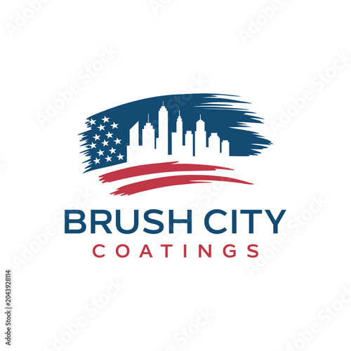 Brush City Coatings Logo with American Flag Brush Stroke and City Skyline for USA Painting Service