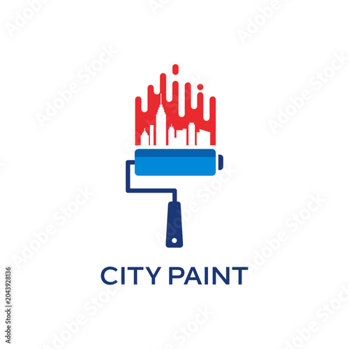 City Paint Logo Design with Paint Roller and City Skyline Silhouette for Home Improvement and Real Estate Service